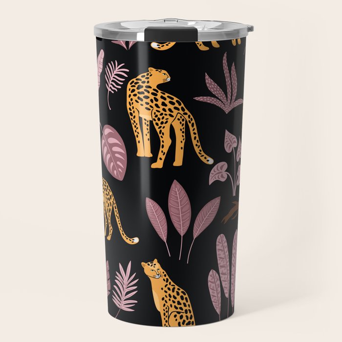 Beautiful Leopard & Pink Leaf Pattern Travel Mug Gallery Image 1