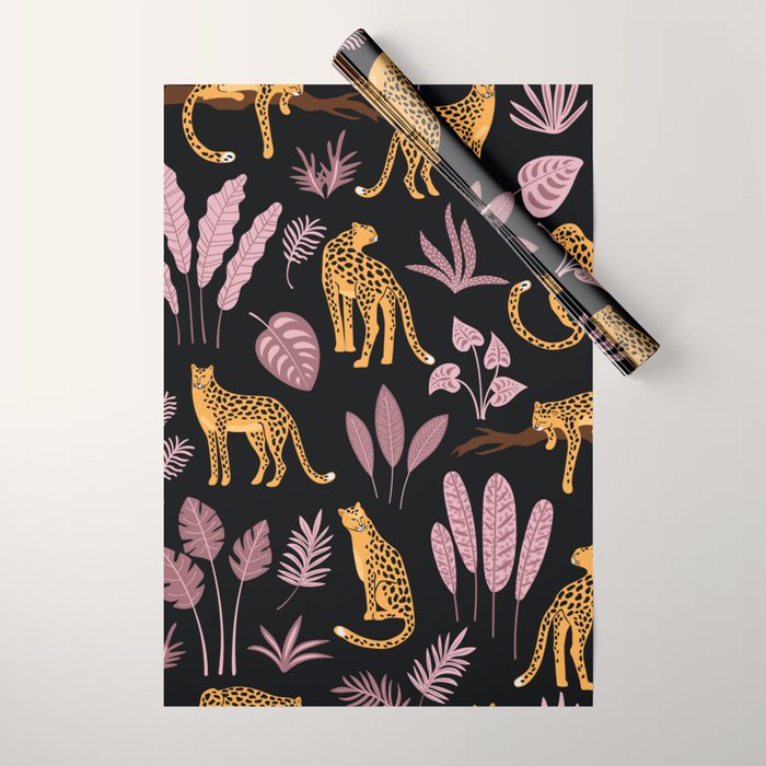 Beautiful Leopard & Pink Leaf Pattern Wrapping Paper Gallery Image 1