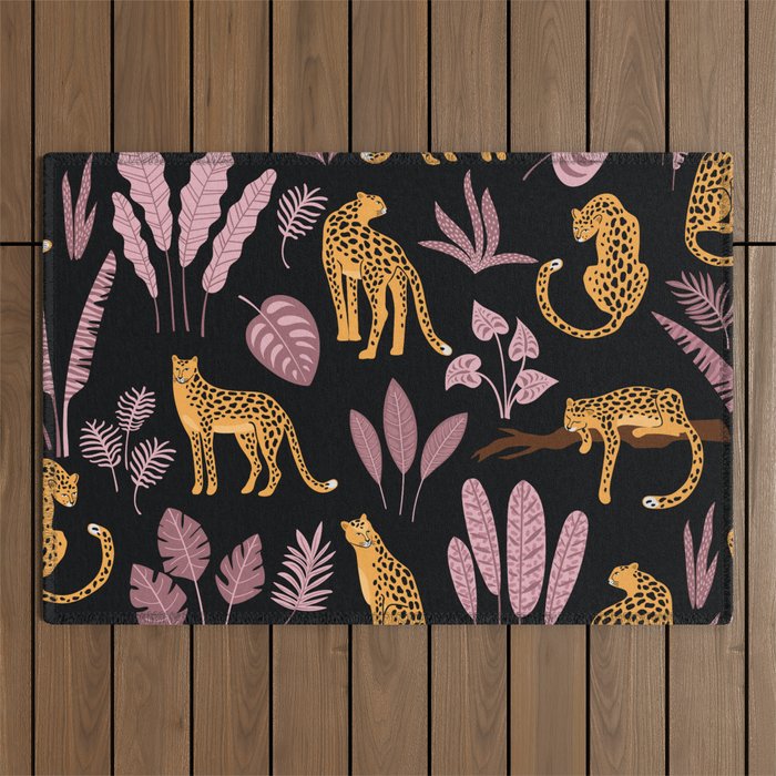 Beautiful Leopard & Pink Leaf Pattern Outdoor Rug Gallery Image 1