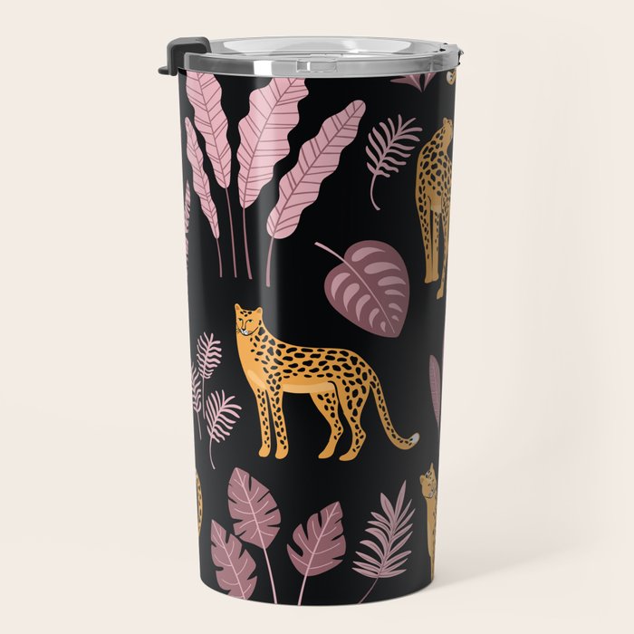 Beautiful Leopard & Pink Leaf Pattern Travel Mug Gallery Image 3