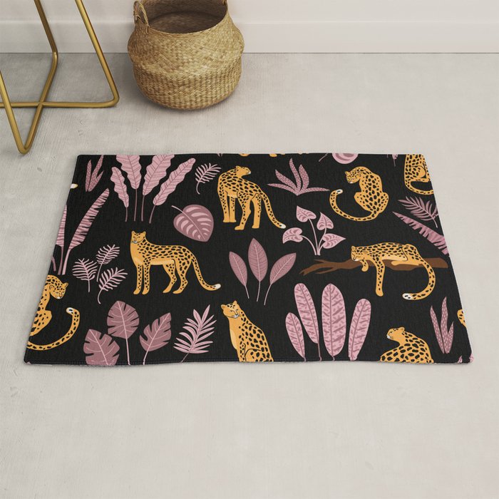 Beautiful Leopard & Pink Leaf Pattern Rug Gallery Image 1