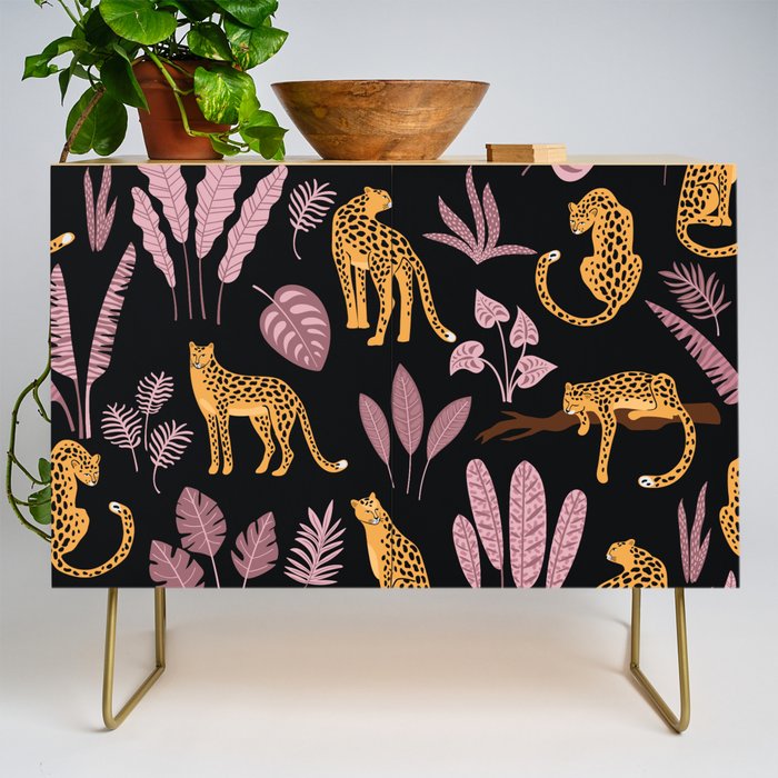 Beautiful Leopard & Pink Leaf Pattern Credenza Gallery Image 1