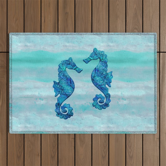 Blue Seahorse Couple Underwater Outdoor Rug Gallery Image 1