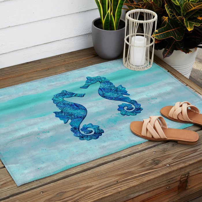 Blue Seahorse Couple Underwater Outdoor Rug Gallery Image 2