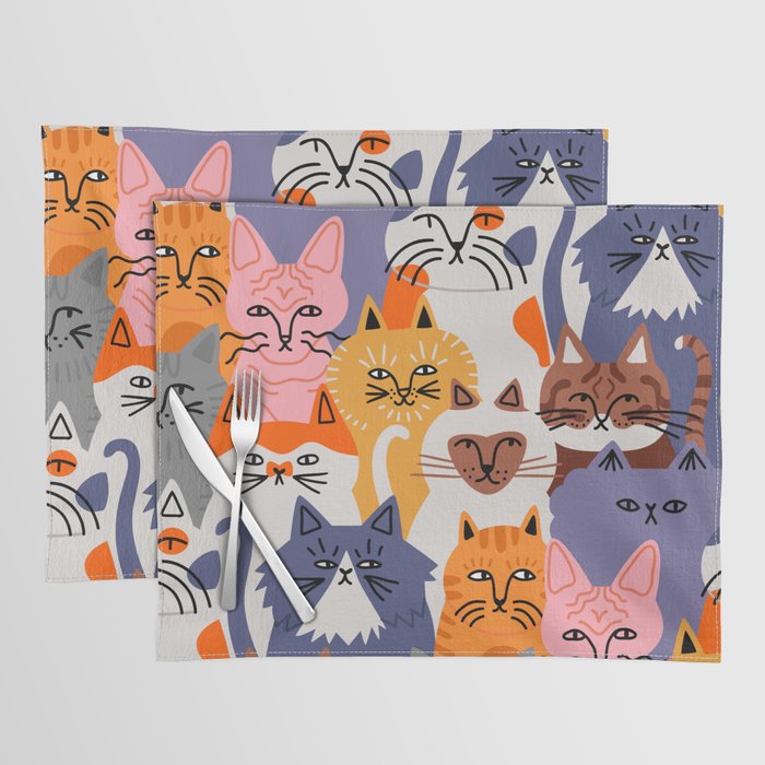 Funny diverse cat crowd character cartoon background Placemat Gallery Image 1