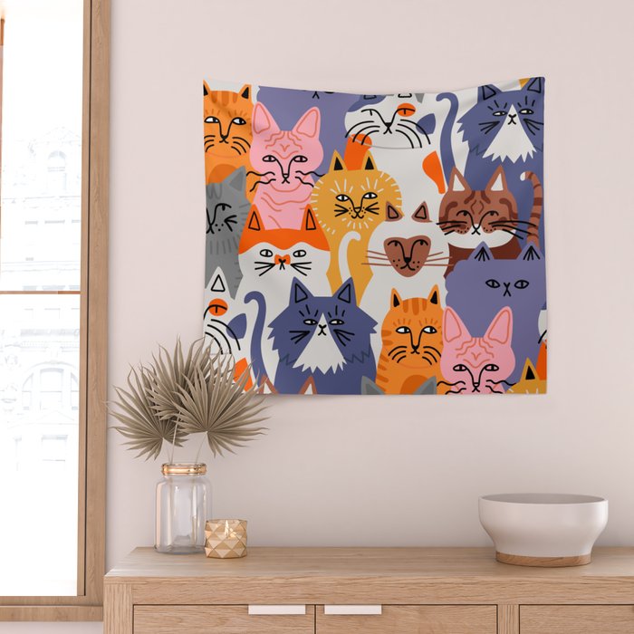 Funny diverse cat crowd character cartoon background Wall Tapestry Gallery Image 2