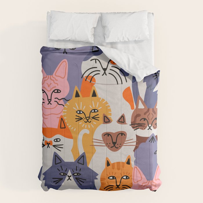 Funny diverse cat crowd character cartoon background Comforter Gallery Image 6