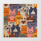 Funny diverse cat crowd character cartoon background Wood Wall Art Gallery Image 1