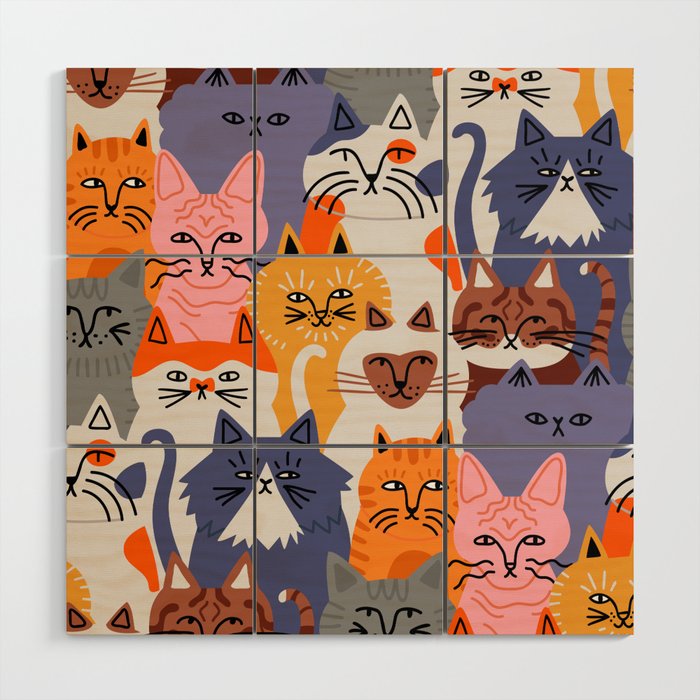 Funny diverse cat crowd character cartoon background Wood Wall Art Gallery Image 1