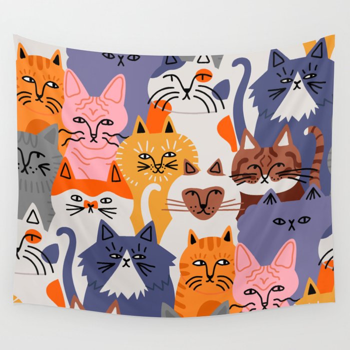 Funny diverse cat crowd character cartoon background Wall Tapestry Gallery Image 4