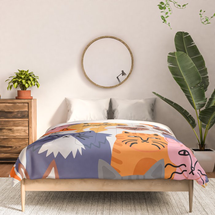 Funny diverse cat crowd character cartoon background Comforter Gallery Image 3