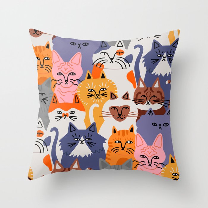 Funny diverse cat crowd character cartoon background Throw Pillow Gallery Image 6