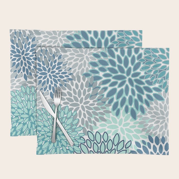 Festive, Floral Prints, Teal, Turquoise and Gray Placemat Gallery Image 1