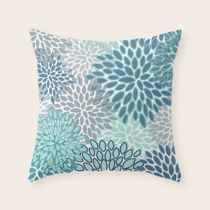 Festive, Floral Prints, Teal, Turquoise and Gray Throw Pillow Gallery Image 6