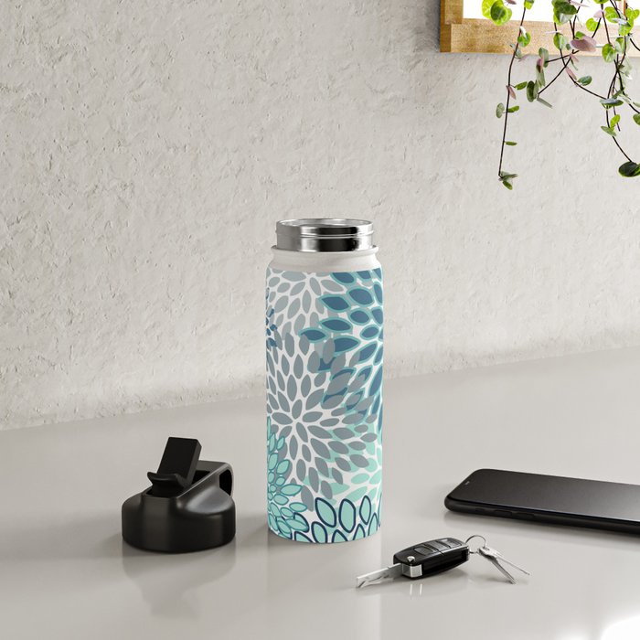 Festive, Floral Prints, Teal, Turquoise and Gray Water Bottle Gallery Image 4