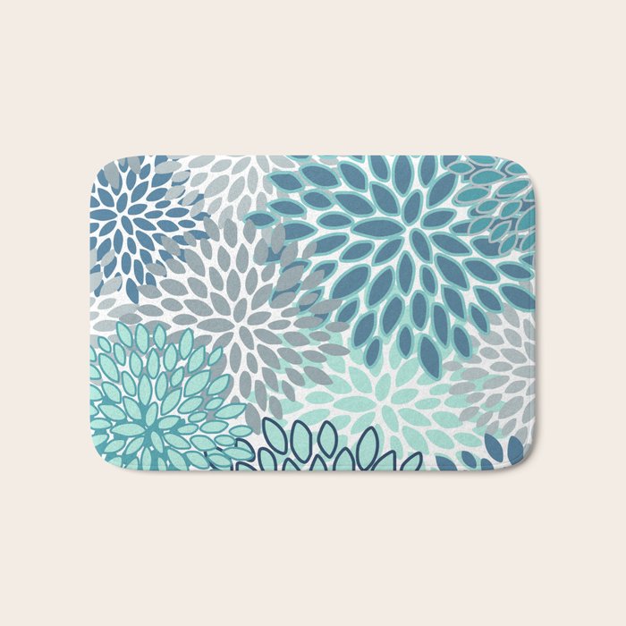 Festive, Floral Prints, Teal, Turquoise and Gray Bath Mat Gallery Image 1
