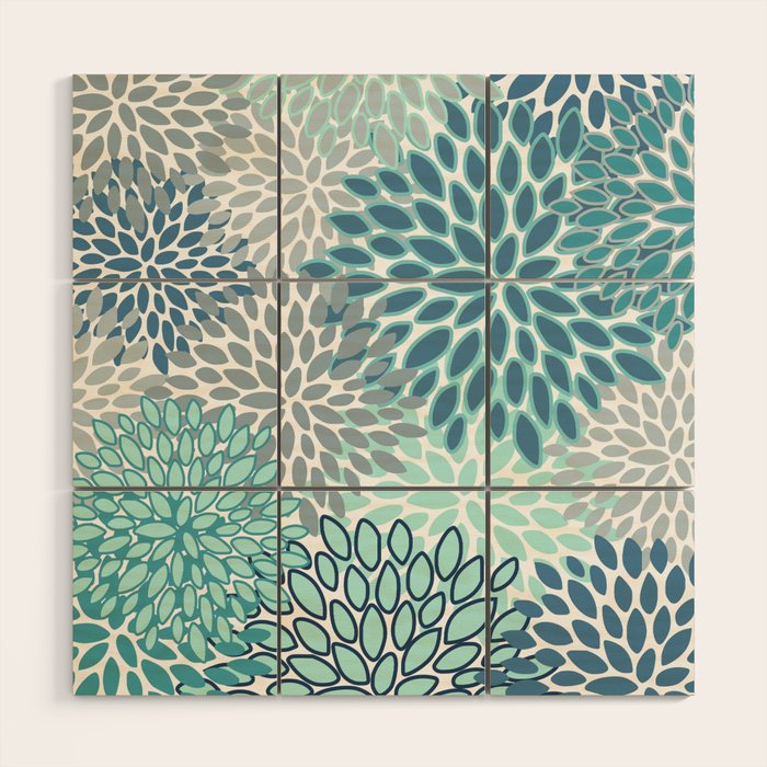 Festive, Floral Prints, Teal, Turquoise and Gray Wood Wall Art Gallery Image 1