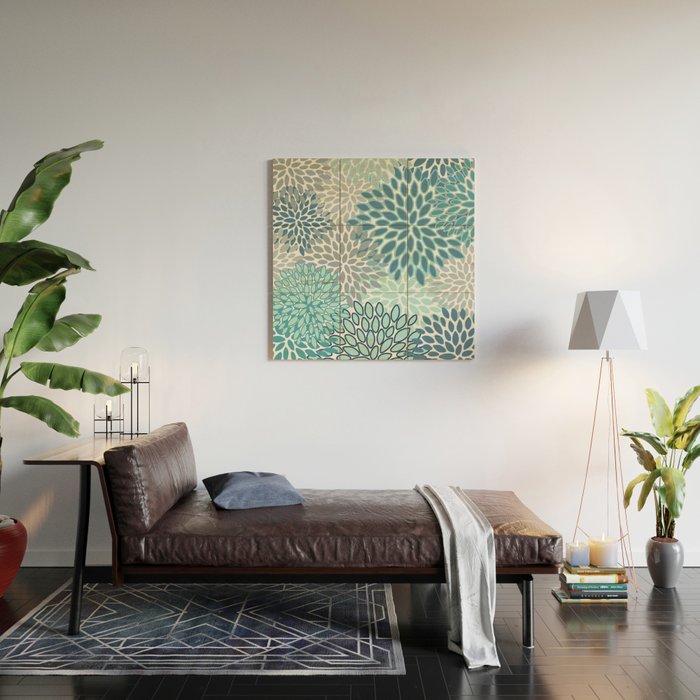 Festive, Floral Prints, Teal, Turquoise and Gray Wood Wall Art Gallery Image 2