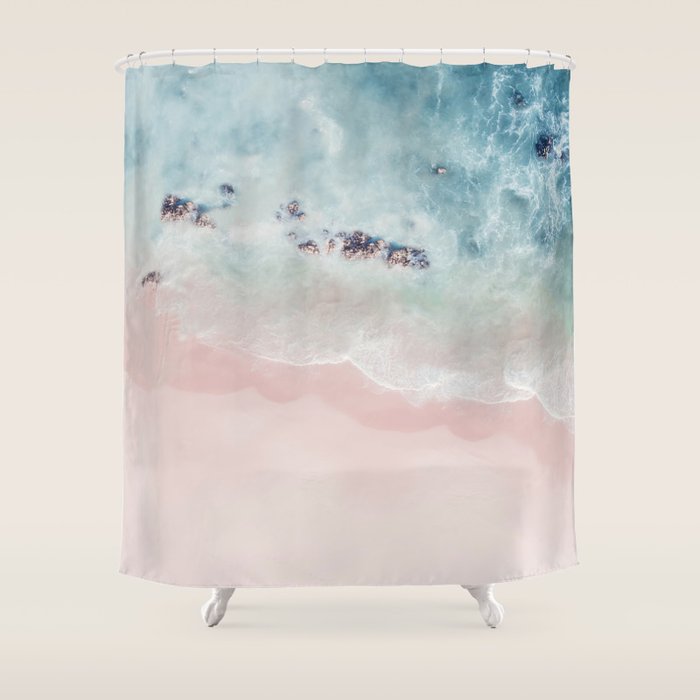 Ocean Pink Blush Beach Print - Aerial Beach - Sea Photo - Travel photography by Ingrid Beddoes Shower Curtain Gallery Image 1