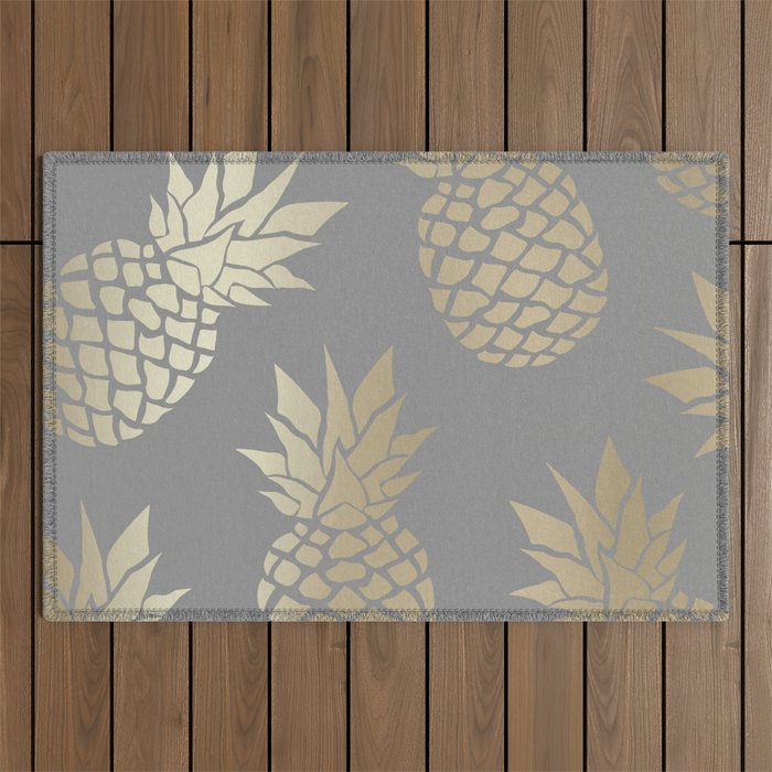 Glam Pineapple Art in Gray and Gold Outdoor Rug Gallery Image 1