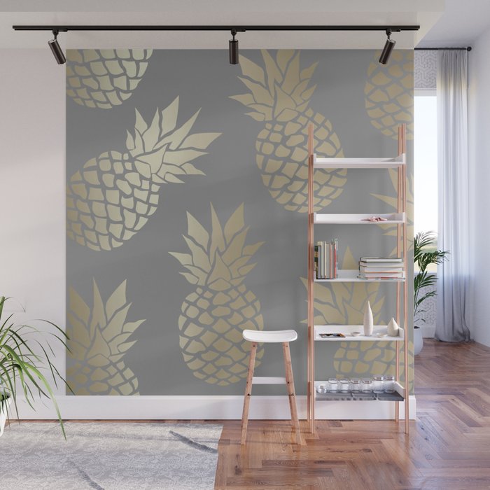 Glam Pineapple Art in Gray and Gold Wall Mural Gallery Image 1