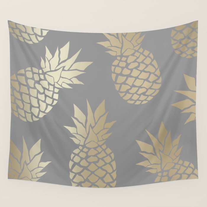 Glam Pineapple Art in Gray and Gold Wall Tapestry Gallery Image 4