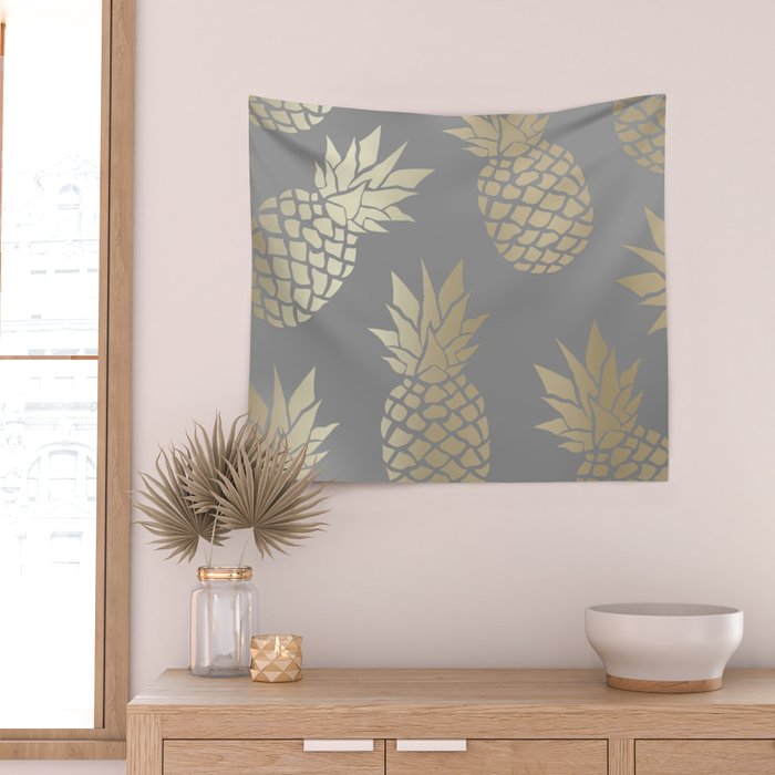 Glam Pineapple Art in Gray and Gold Wall Tapestry Gallery Image 2