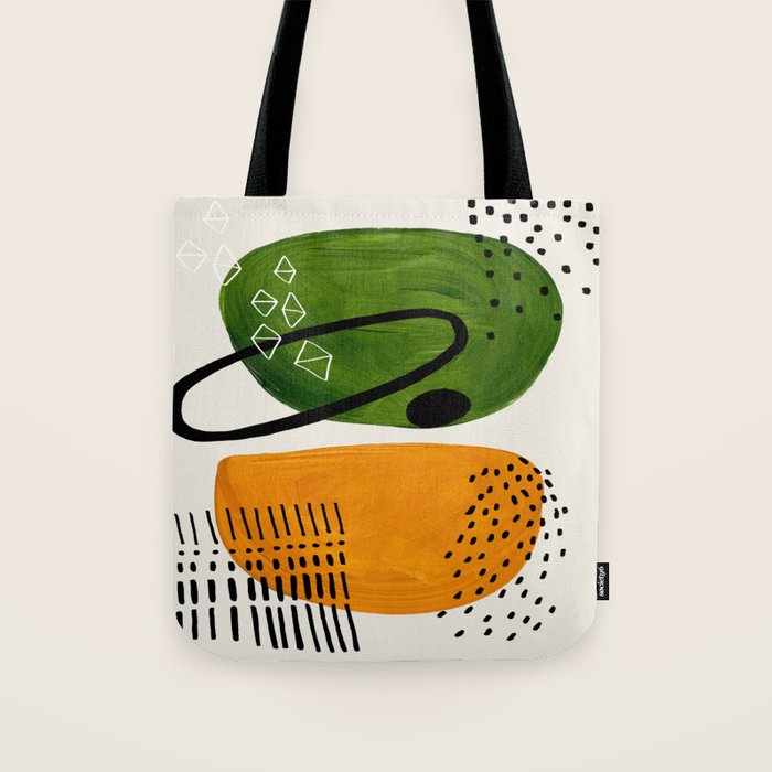 Mid Century Modern Abstract Colorful Art Patterns Olive Green Yellow Ochre Orbit Geometric Objects Tote Bag Gallery Image 1