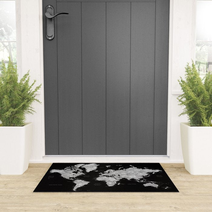 Black and grey watercolor world map with cities Welcome Mat Gallery Image 3