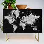 Black and grey watercolor world map with cities Credenza Gallery Image 1