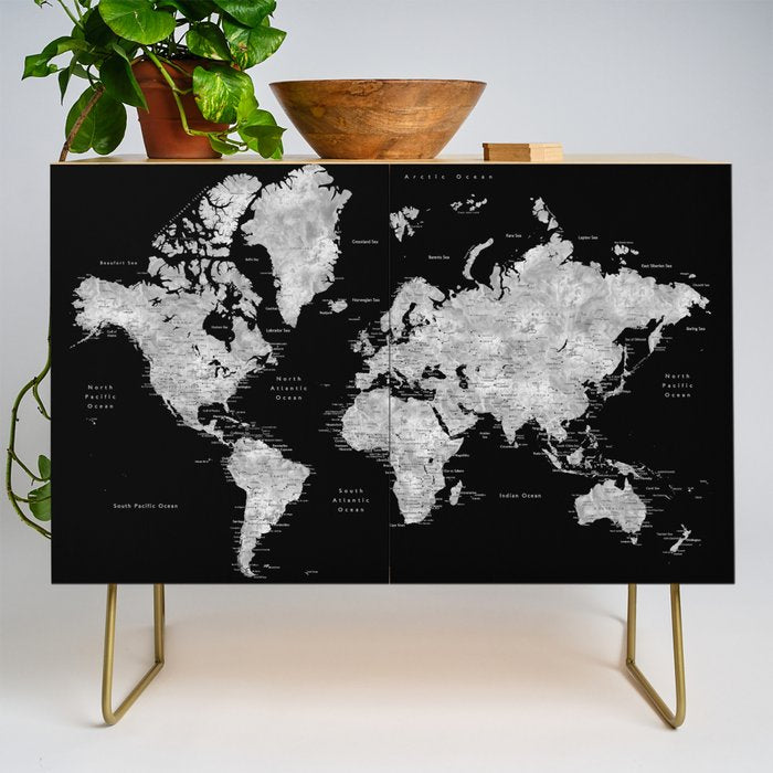 Black and grey watercolor world map with cities Credenza Gallery Image 1