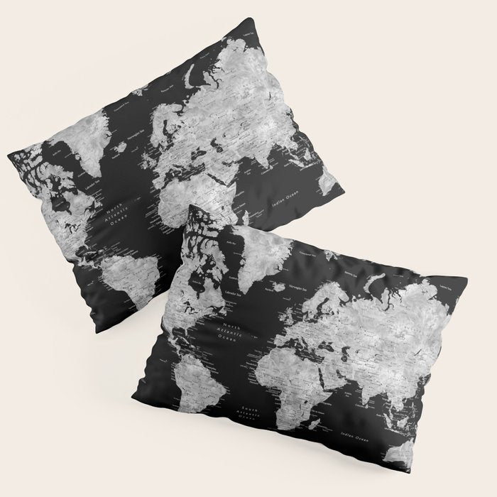 Black and grey watercolor world map with cities Pillow Sham Gallery Image 3