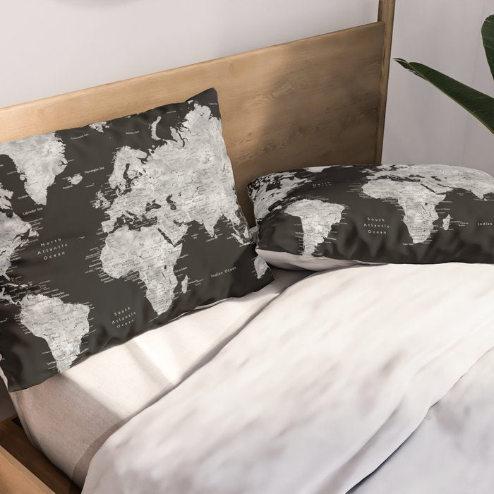 Black and grey watercolor world map with cities Pillow Sham Gallery Image 2