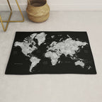 Black and grey watercolor world map with cities Rug Gallery Image 1