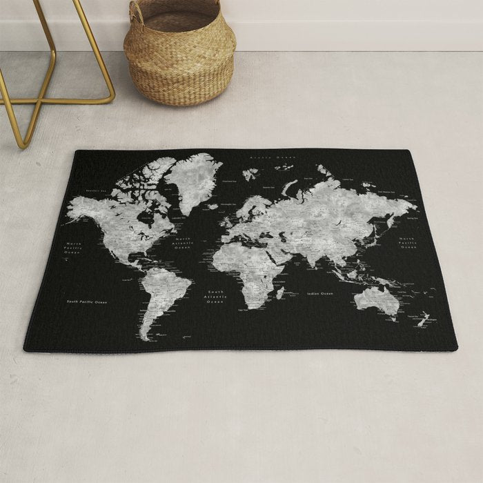 Black and grey watercolor world map with cities Rug Gallery Image 1