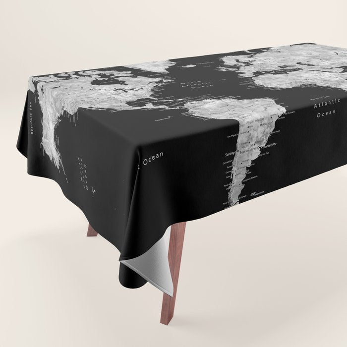 Black and grey watercolor world map with cities Tablecloth Gallery Image 1