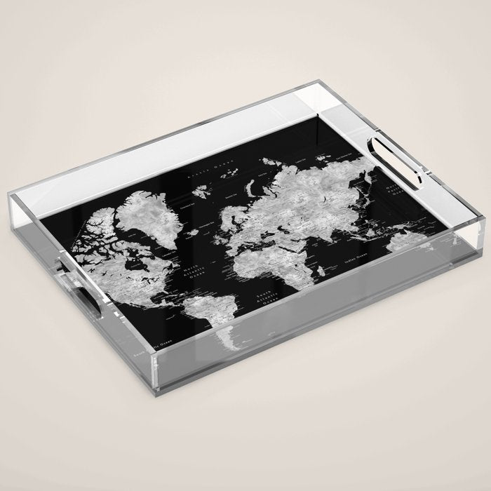 Black and grey watercolor world map with cities Acrylic Tray Gallery Image 1