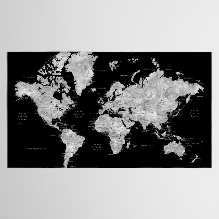 Black and grey watercolor world map with cities Tablecloth Gallery Image 2