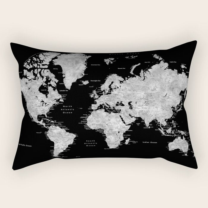 Black and grey watercolor world map with cities Rectangular Pillow Gallery Image 1