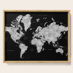 Black and grey watercolor world map with cities Serving Tray Gallery Image 1