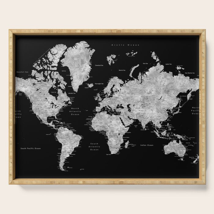 Black and grey watercolor world map with cities Serving Tray Gallery Image 1