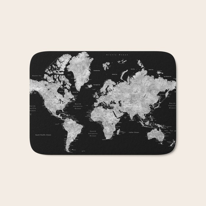 Black and grey watercolor world map with cities Bath Mat Gallery Image 1