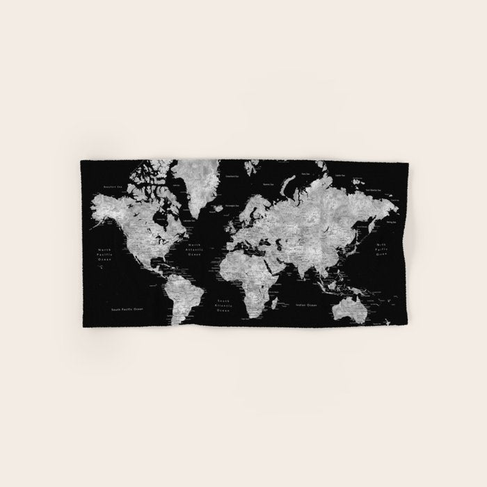 Black and grey watercolor world map with cities Bath Towel Gallery Image 1