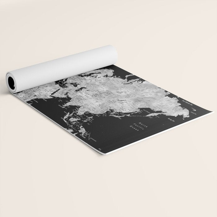 Black and grey watercolor world map with cities Yoga Mat Gallery Image 2