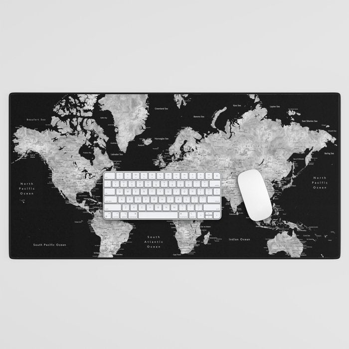 Black and grey watercolor world map with cities Desk Mat Gallery Image 1