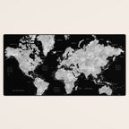 Black and grey watercolor world map with cities Desk Mat Gallery Image 3