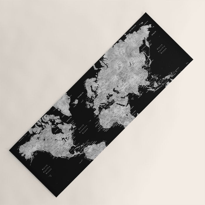 Black and grey watercolor world map with cities Yoga Mat Gallery Image 1