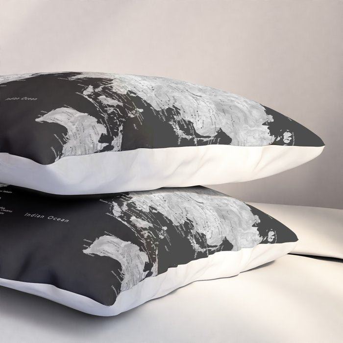 Black and grey watercolor world map with cities Pillow Sham Gallery Image 3