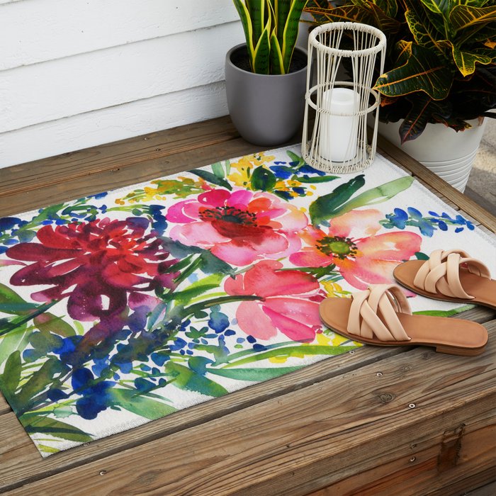my floral garden in watercolor Outdoor Rug Gallery Image 2
