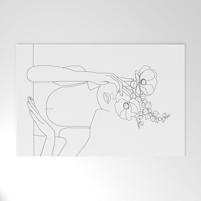Minimal Line Art Woman with Flowers II Welcome Mat Gallery Image 1